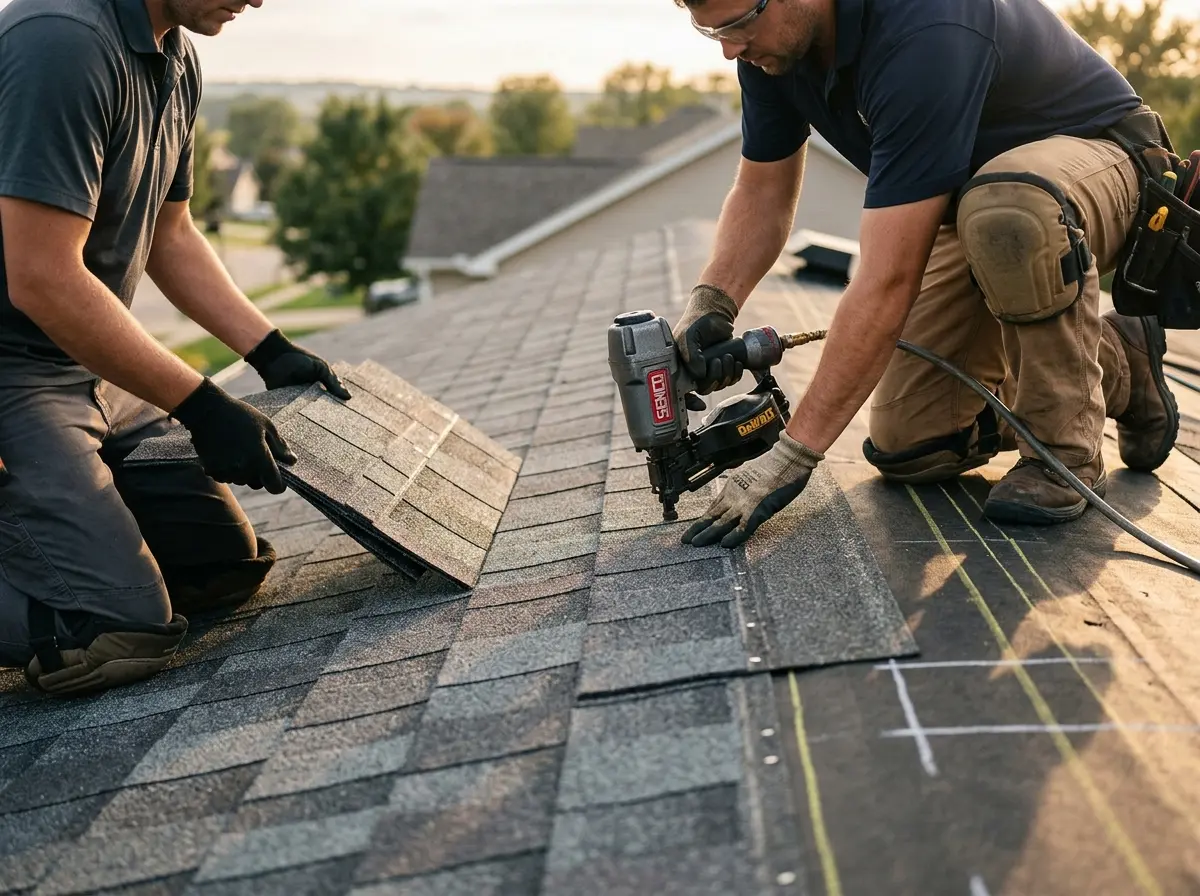 Professional roofer working on a residential roof in Midlothian